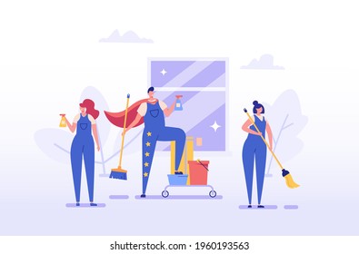 Cleaners team working in office or home. Janitor or housekeeper in uniform. Concept of cleaning service, cleanup house, housekeeping. Vector illustration in flat design for web banners