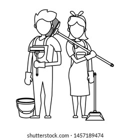 Cleaners workers smiling with cleaning broom and dustpan with water bucket vector illustration graphic design.