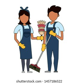 Cleaners workers smiling with cleaning toilet brush and cobweb vector illustration graphic design.