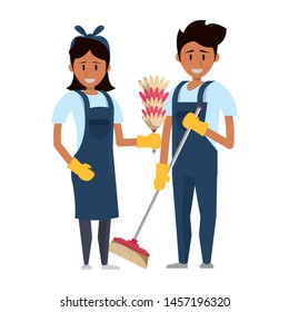 Cleaners workers smiling with cleaning toilet brush and cobweb vector illustration graphic design.