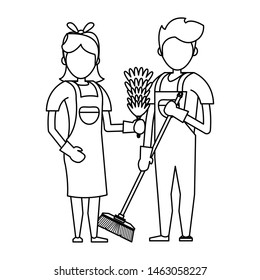 Cleaners workers smiling with cleaning toilet brush and cobweb vector illustration graphic design.