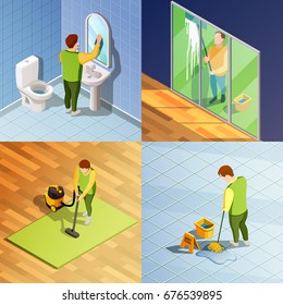 Cleaning 2x2 isometric design concept with people washing window floor and items of office space vector illustration 