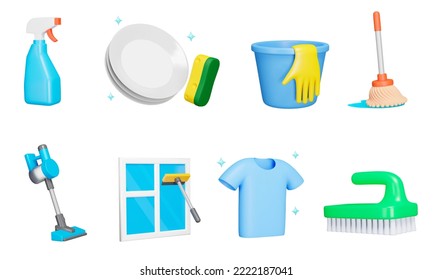 Cleaning 3d icon set. Housekeeping. Service wet and dry house cleaning. Spray cleaner, dishwashing, floor mop, window cleaning, laundry clothes. Isolated icons, objects on a transparent background