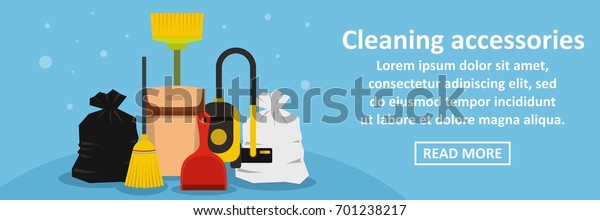 Cleaning accessories banner horizontal concept. Flat\
illustration of cleaning accessories banner horizontal vector\
concept for web