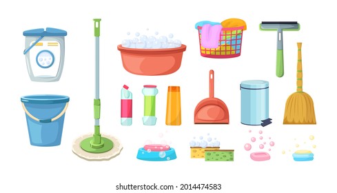 Cleaning accessories. Householding hygienic supplies tools for cleansing service. Rubber gloves, sponge, brushes, chemical detergents, mop, bucket, garbage container for washing cleaning office vector