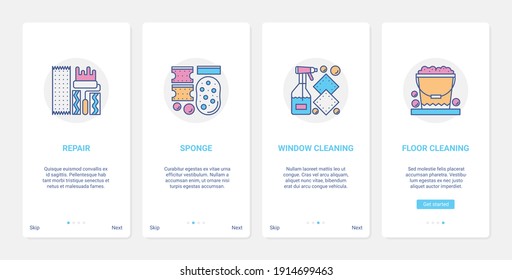Cleaning accessories tools vector illustration. UX, UI onboarding mobile app page screen set with line general cleaning and repair housekeeping equipment, paint roller sponge, window and floor cleaner