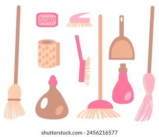 Accesorios de limpieza colección de Clipart de Vector. Símbolos de limpieza de la casa en estilo plano. Ilustración dibujada a mano aislada sobre fondo blanco.


