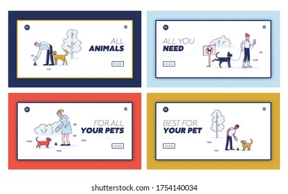 Cleaning after dog concept for set of template landing pages. Responsible cartoon characters with pets walking in public park and picking waste. Linear vector illustration