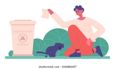 Cleaning after dog. Pet owner cleaning up after dog, domestic animal keeping. Responsible animal owner isolated vector illustration. Pet animal dog, care and cleaning up outdoor