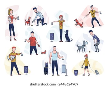 Limpieza después del perro. Conjunto de dueños de mascotas recogiendo los residuos de mascotas durante la caminata en el parque público. Responsabilidad animal del concepto de reglas limpias de basura. Ilustración vectorial lineal
