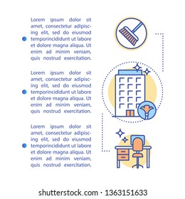 Cleaning agency article page vector template. Commercial cleanup. Brochure, magazine, booklet design element with linear icons and text boxes. Print design. Concept illustrations with text space