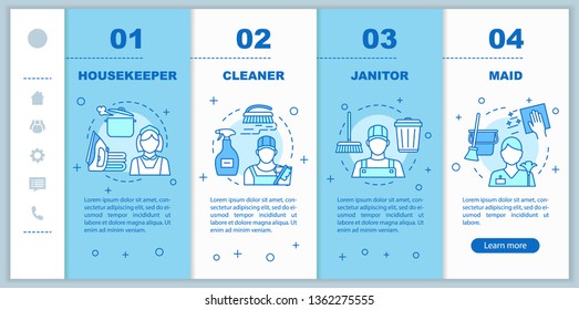 Cleaning agency staff onboarding mobile web pages vector template. Housekeeper, janitor. Responsive smartphone website interface idea, illustration. Webpage walkthrough step screen. Color concept 