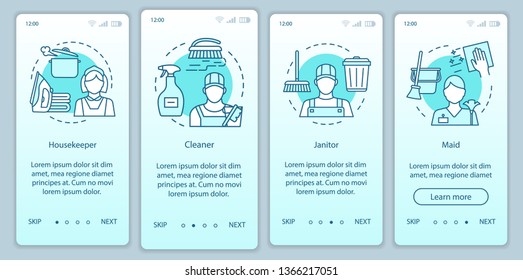 Cleaning agency staff onboarding mobile app page screen, linear concepts. Four walkthrough steps graphic instructions. Cleaner, maid. Cleanup company. UX, UI, GUI vector template with illustrations