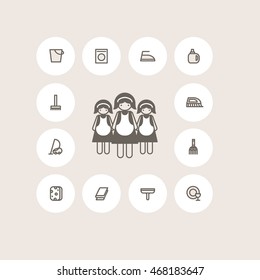 Cleaning agency thin icon set. A group of three housemaids in white aprons. Pictographs of bucket, washing machine, iron, detergent, mop, brush, vacuum cleaner, broom, sponge, rag, skueegee, dishes