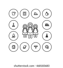 Cleaning agency thin icon set. A group of three housemaids in white aprons. Pictographs of bucket, washing machine, iron, detergent, mop, brush, vacuum cleaner, broom, sponge, rag, skueegee, dishes