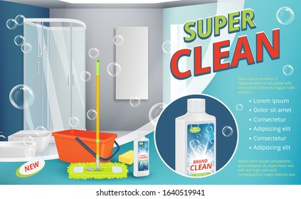 Cleaning agent. Advertizing placard power cleaning spray for surface shower room sanitation dust equipment vector realistic background