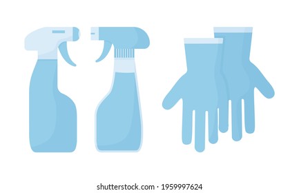 Cleaning agents and gloves. Chemical detergents. Medical disinfect bottles isolated on white background. Vector illustration