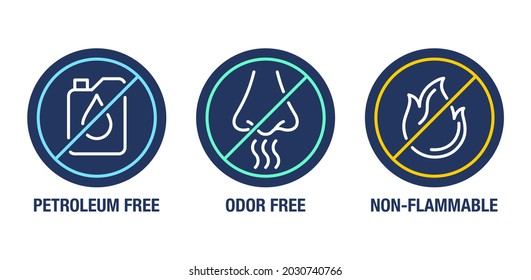 Cleaning agents labels - Odor free, Petroleum free, Non-flammable flat icons set for labeling of household chemicals svg