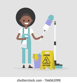 Cleaning the apartment, conceptual illustration. Black female character holding the cleaning tools: a feather duster and a cleaning spray / flat editable vector illustration, clip art