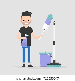 Cleaning the apartment, conceptual illustration. Young character holding the cleaning tools: a feather duster and a spray / flat editable vector illustration, clip art