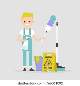 Cleaning the apartment, conceptual illustration. Young character holding the cleaning tools: a feather duster and a cleaning spray / flat editable vector illustration, clip art
