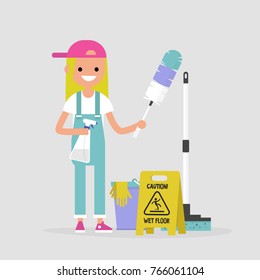 Cleaning the apartment, conceptual illustration. Young female character holding the cleaning tools: a feather duster and a cleaning spray / flat editable vector illustration, clip art