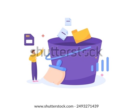 cleaning app concept. software to clean junk files and cache. junk cleaner and storage or memory optimizer. illustration of a user deleting junk files into a bucket. flat style design. graphic element