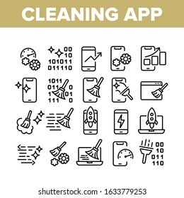 Cleaning Application Collection Icons Set Vector. Binary Code And Rocket On Screen, Mechanism Gear And Broom Cleaning App Concept Linear Pictograms. Monochrome Contour Illustrations