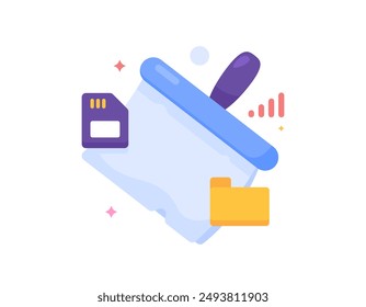 cleaning application concept. software to clean junk files and cache. trash cleaner and storage optimizer. illustration of a broom or brush with memory and folder symbols. flat style design. graphic
