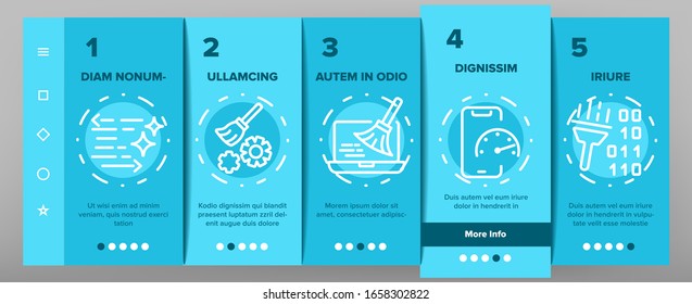 Cleaning Application Onboarding Icons Set Vector. Binary Code And Rocket On Screen, Mechanism Gear And Broom Cleaning App Illustrations