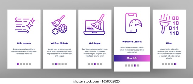 Cleaning Application Onboarding Icons Set Vector. Binary Code And Rocket On Screen, Mechanism Gear And Broom Cleaning App Illustrations