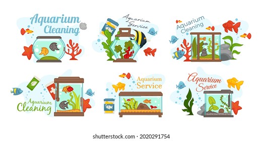 Cleaning aquarium service, vector illustration set. Professional assistance in housekeeping work, disinfection water and aqua plant. Washing aquarium with colorful fish, decoration cleanup.