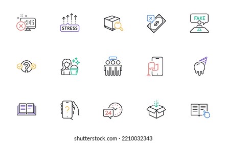 Limpieza, pregunta y estrés aumenta los iconos de línea para el sitio web, impresión. Colección de pruebas de test, instrucción de lectura, iconos de helados. Grupo Empleados, cuadro Obtener, elementos web de Educación. Vector