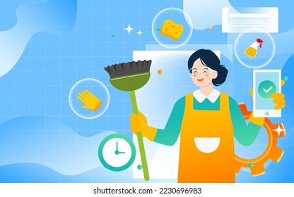 The cleaning aunt is doing cleaning in the room, labor day, vector illustration