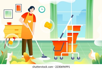 Die Reinigungstante macht Reinigung im Zimmer, Arbeitstag, Vektorgrafik