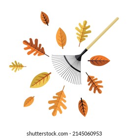 Cleaning of autumn leaves. Fan rake surrounded by colored leaves. Vector illustration isolated on a white background for design and web.