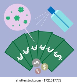 Cleaning bank notes and coins flat vector illustration.Reduce the risk of being infected with Covid 19.Corona Virus Disease (COVID-19)