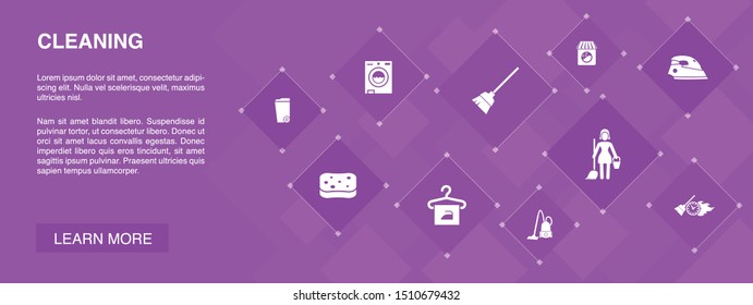 Cleaning banner 10 icons concept. broom, trash can, sponge, dry cleaning icons