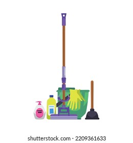 Cleaning banner design or poster backdrop with various cleaning tools, mop and detergents flat cartoon vector illustration isolated on white background.