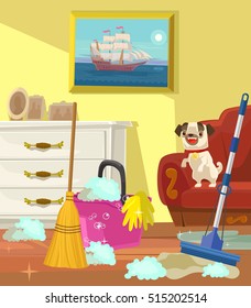 Cleaning banner. Living room. Vector flat cartoon illustration