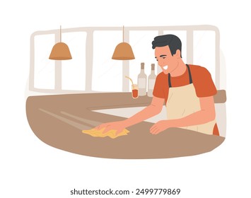 Cleaning bar surfaces isolated cartoon vector illustrations. Professional bartender cleaning table, hygiene care, service sector, horeca industry standard, restaurant business vector cartoon.