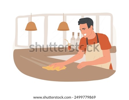 Cleaning bar surfaces isolated cartoon vector illustrations. Professional bartender cleaning table, hygiene care, service sector, horeca industry standard, restaurant business vector cartoon.