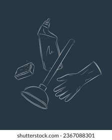 Cleaning bathroom supplies tools accessories cleaner, washcloth, plunger, gloves drawing in graphic style on blue background