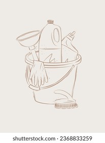 Cleaning bathroom supplies tools accessories cleaner, brush, bucket, plunger, gloves drawing in graphic style on beige background