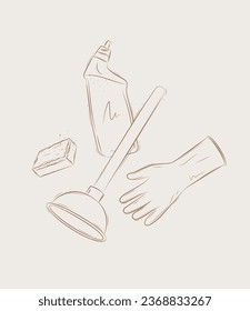 Cleaning bathroom supplies tools accessories cleaner, washcloth, plunger, gloves drawing in graphic style on beige background