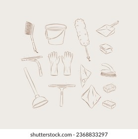 Cleaning bathroom supplies tools accessories brush, bucket, gloves, scraper, sponge, dustpan, napkins, plunger drawing in graphic style on beige background