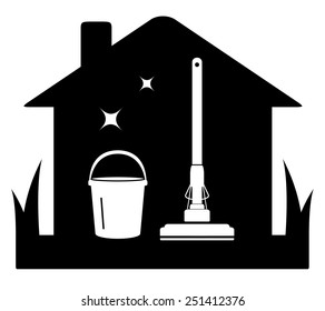 cleaning black isolated icon with tools and house silhouette