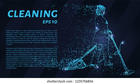 Cleaning of blue glowing dots. The cleaning lady with the vacuum cleaner