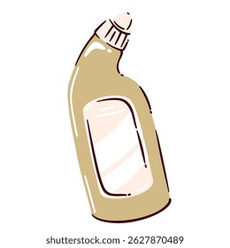 Cleaning bottle with curved neck and blank label, beige cartoon doodle style. Vector illustration for household, janitor, or hygiene design.