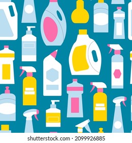 La botella de limpieza proporciona un patrón ininterrumpido. Fondo de la ilustración de los paquetes de detergente químico plano. Contenedores líquidos para el trabajo doméstico - líquido para lavar la ropa, desinfectante, lejía, spray para el baño.